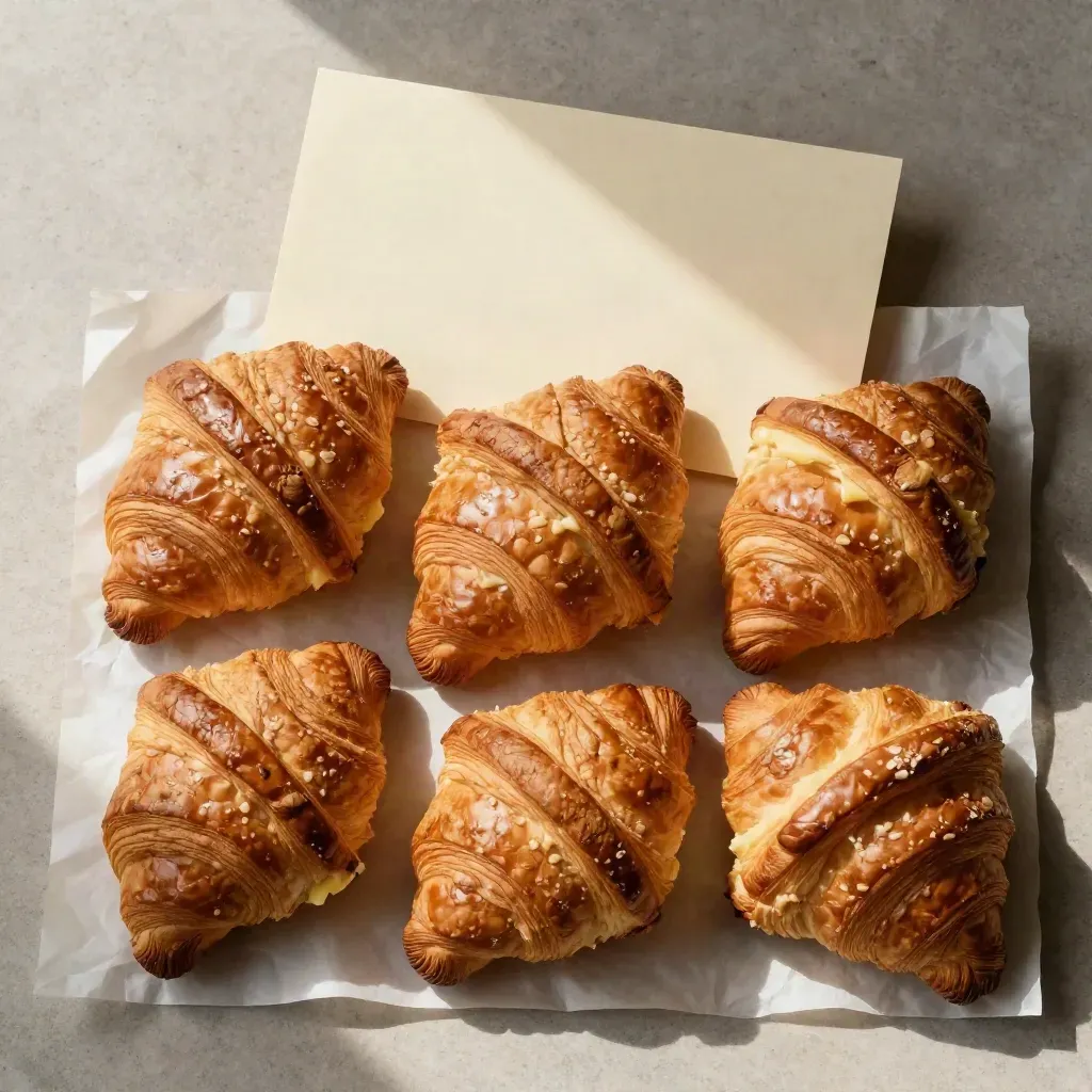 Zes glanzende botercroissantjes op vetvrij papier met een cream kaartje, van boven gefotografeerd.