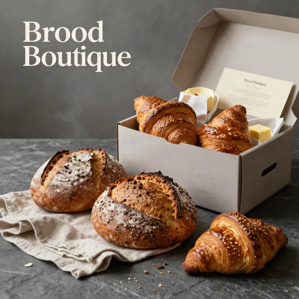 Proefbox met zuurdesembroden, meerzadenbrood en croissants op donkere steen.