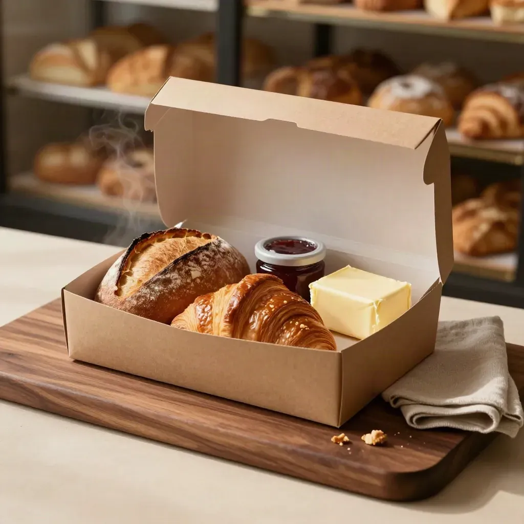 Ontbijtbox voor twee met brood, croissants, jam en boter op een warme houten ondergrond.
