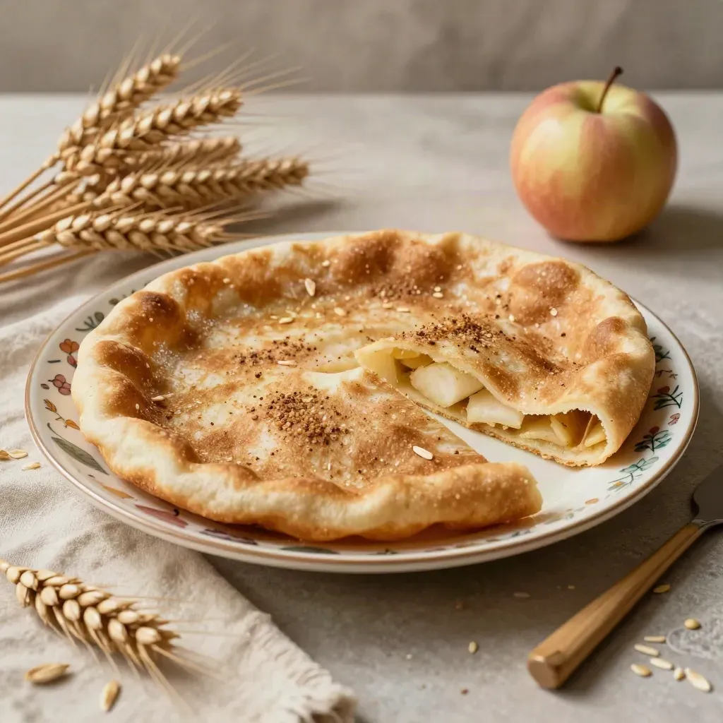Twee appelflappen op een keramische schaal met appelpartjes en kaneel in warm keukenlicht.