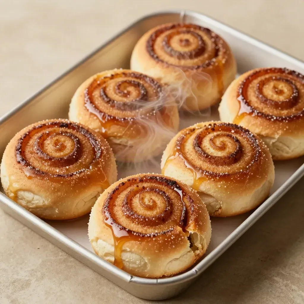 Zicht van boven op mini kaneelbroodjes in een papieren bakje met glans en suikerdamp.