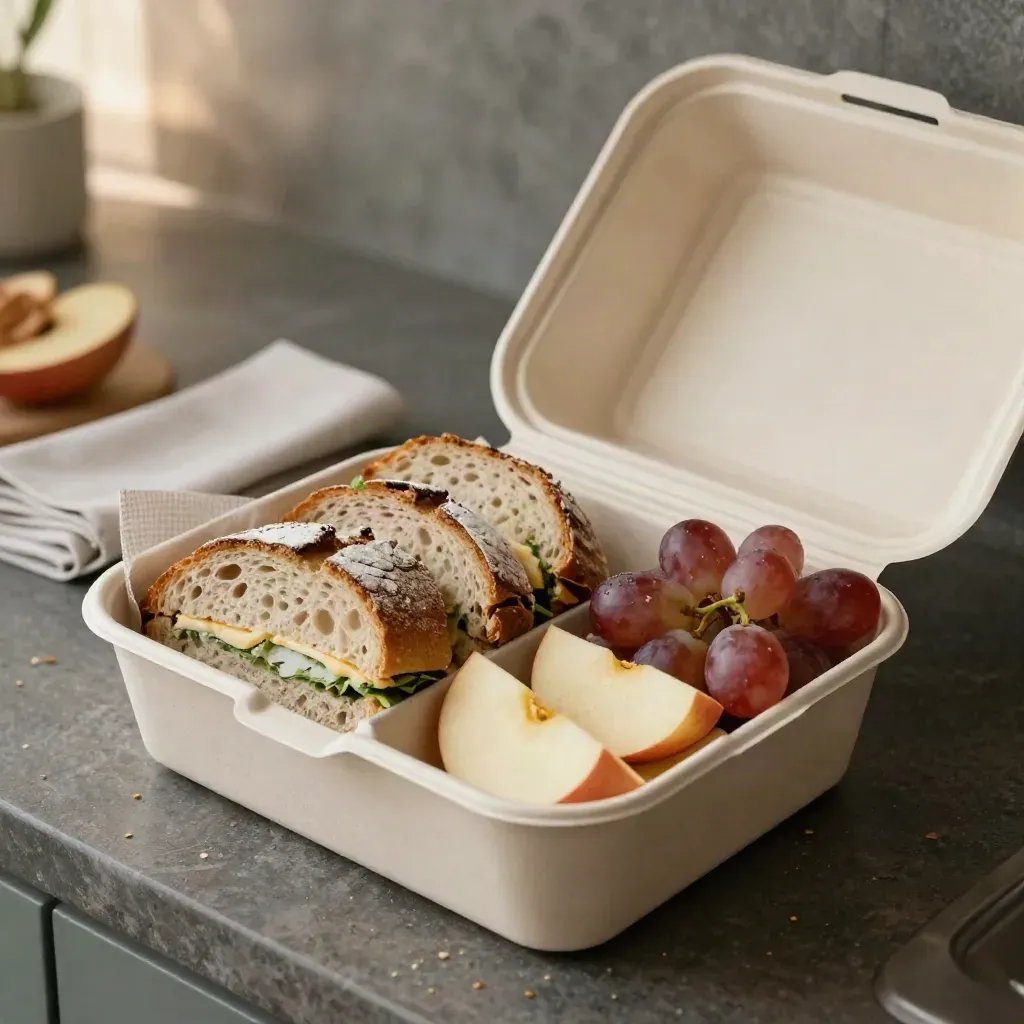Open lunchbox met brood, twee broodjes, fruit en kaas op een keukenblad.