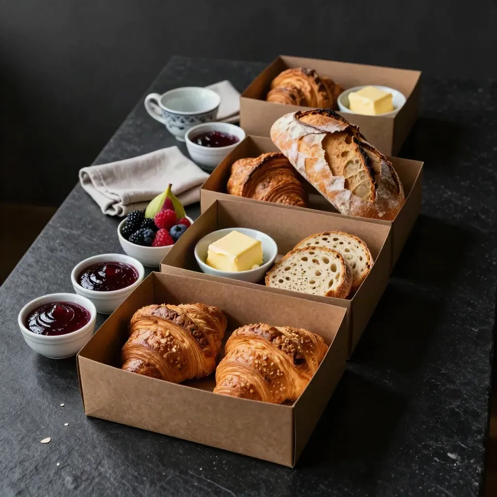 Cateringopstelling met croissants, brood, fruit en servies op een donkere tafel.