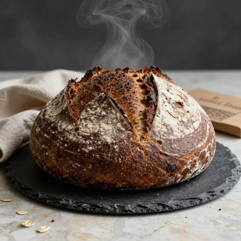 Speltzuurdesembrood op donkere plaat met bloemstof, stoom en warm studiolicht.
