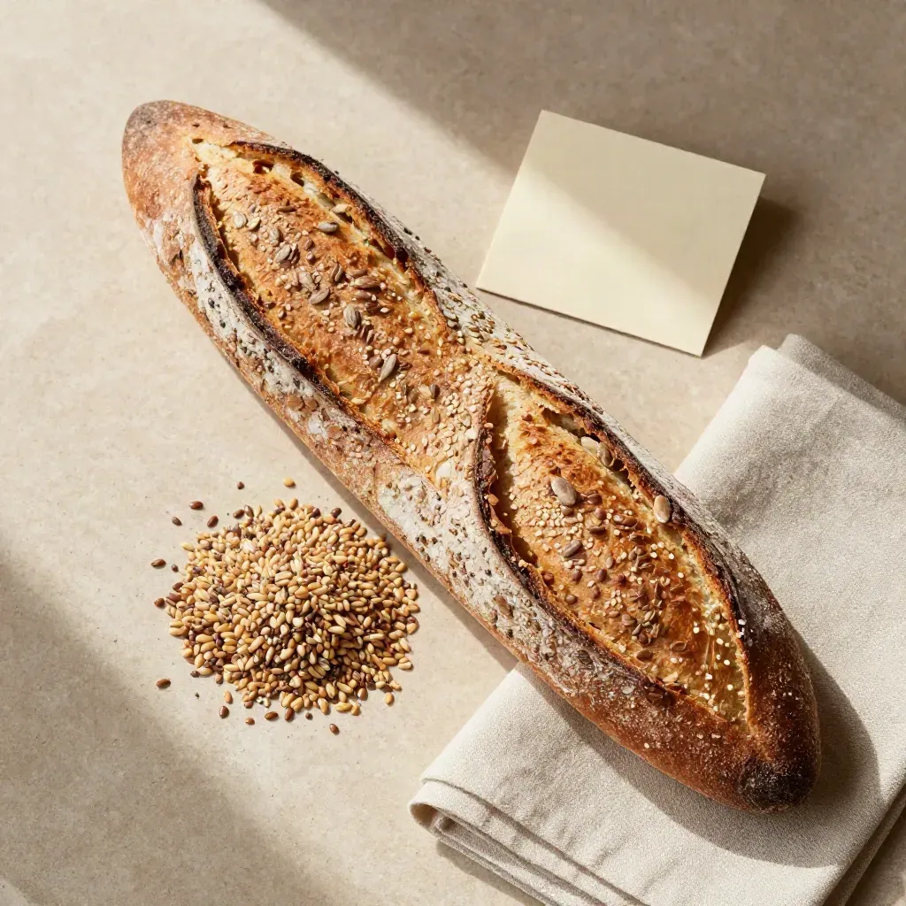 Bovenaanzicht van een meergranen baguette met granen en linnen servet op lichte steen.