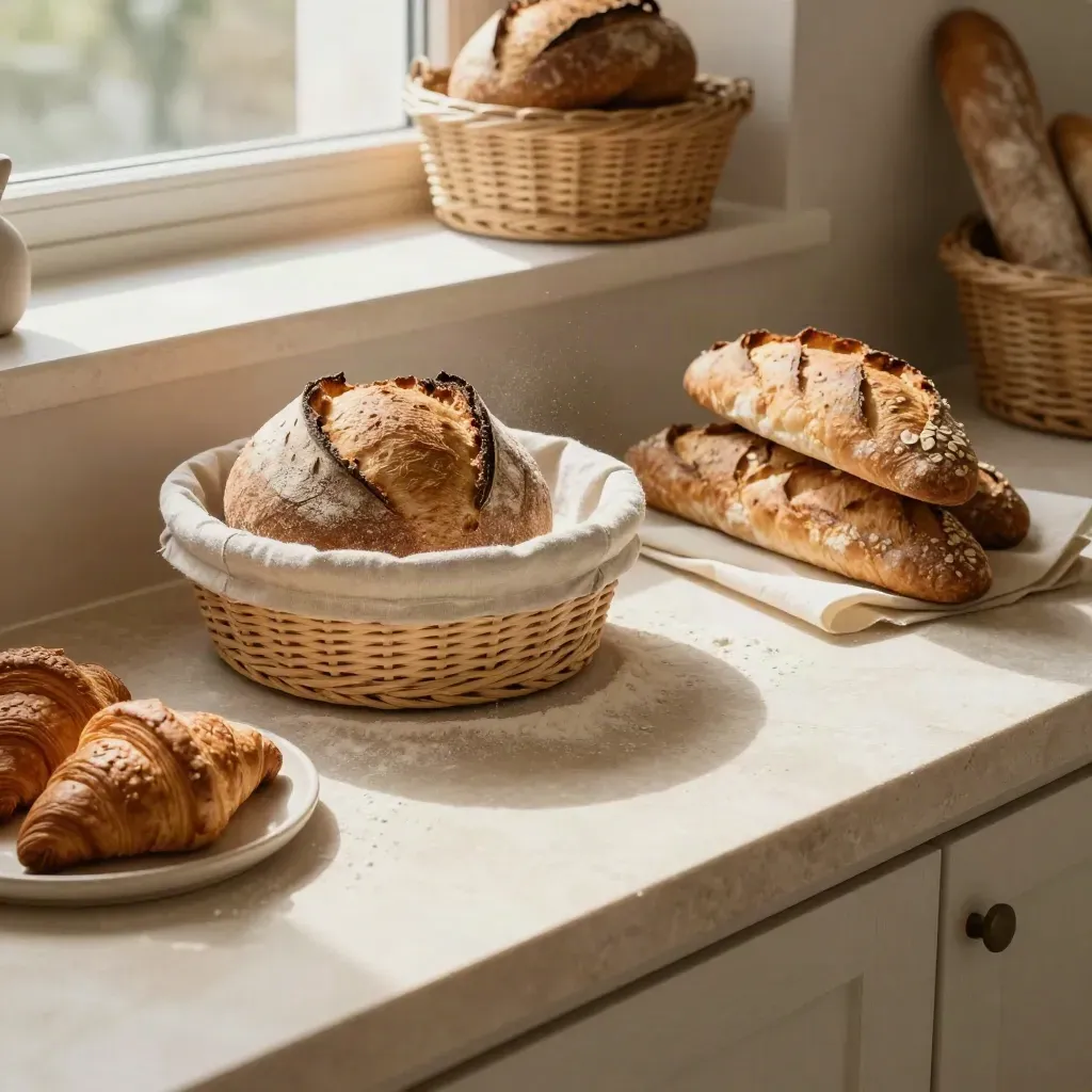Zonnig kalkstenen werkblad met zuurdesembrood, croissants en rieten manden in een stille bakkerijhoek.